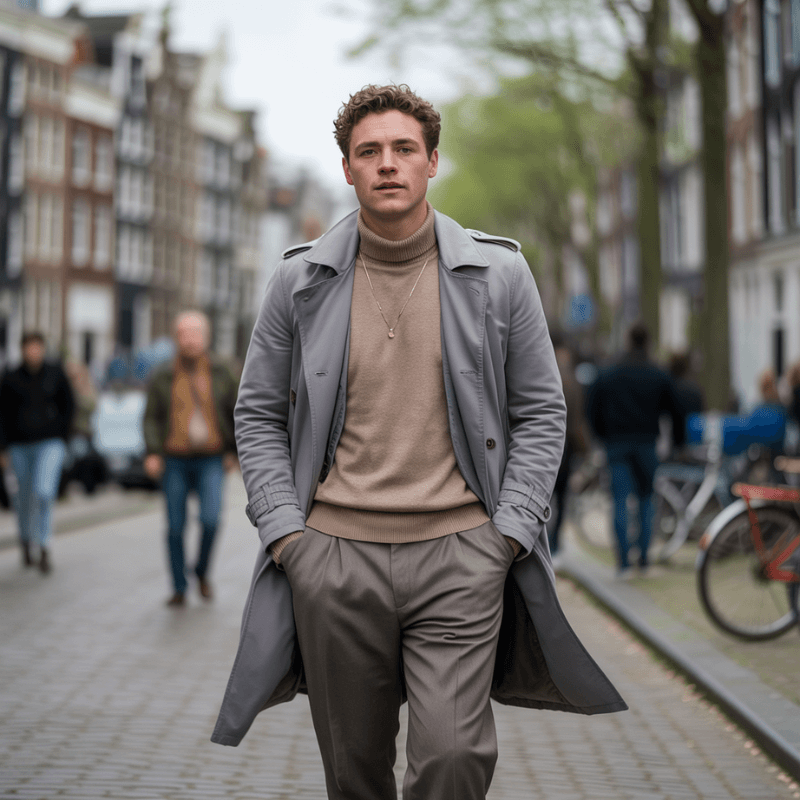 Stijlvolle man in lichtgrijze trenchcoat en beige coltrui loopt ontspannen door een drukke Amsterdamse winkelstraat